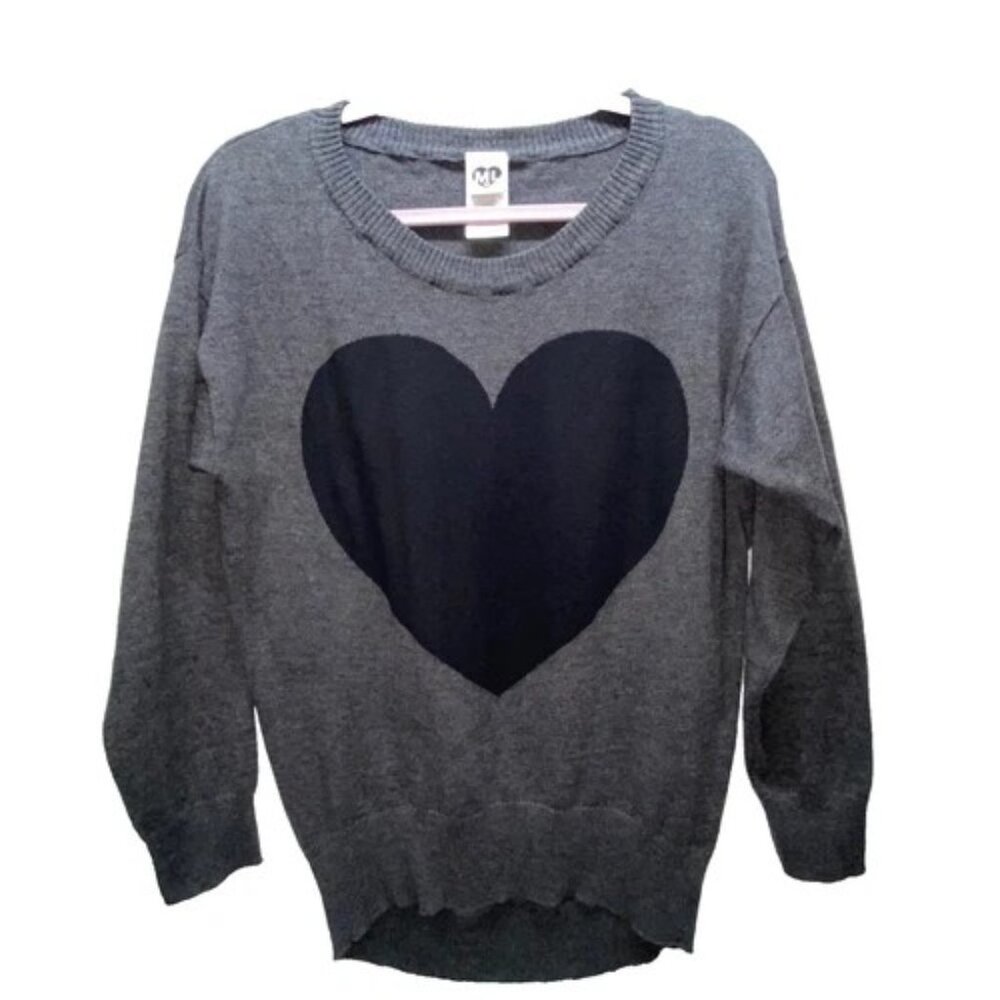 Modern Lux Sweater Women's XL Grey Black Heart Tight Knit Long Sleeve‎ Sweater